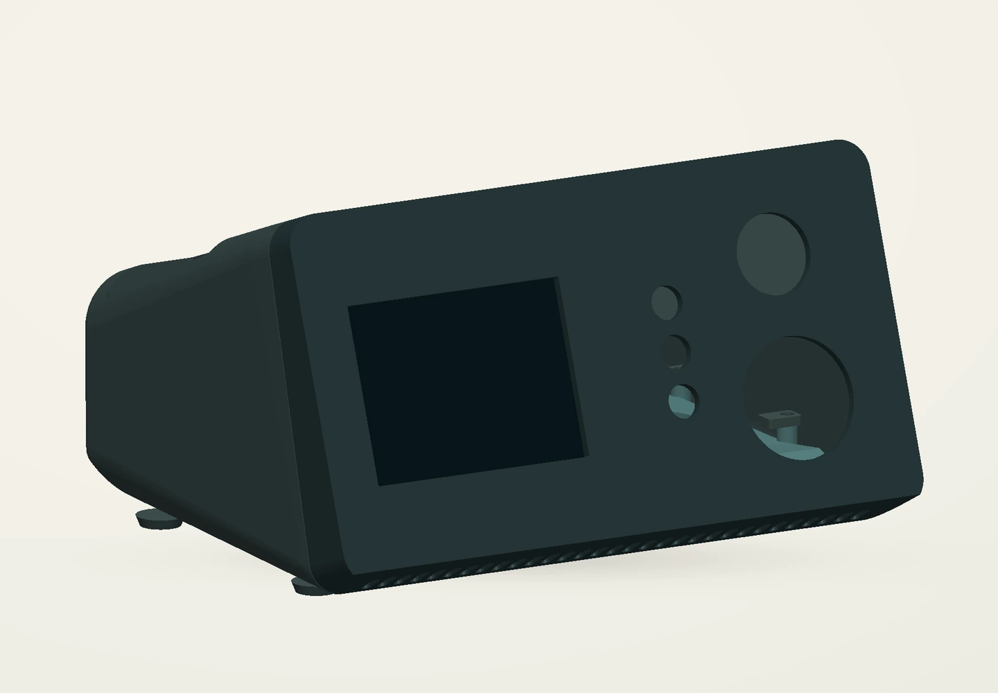 Current Horizon V1 enclosure CAD, with an inclined front, display opening, control apertures and lower sound outlets