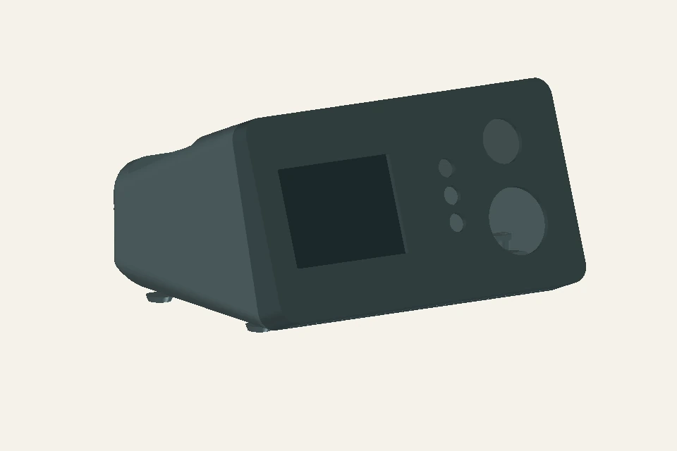 A full-circle view of the current Horizon V1 enclosure CAD, showing the inclined front, rounded rear shell and recessed antenna mounts
